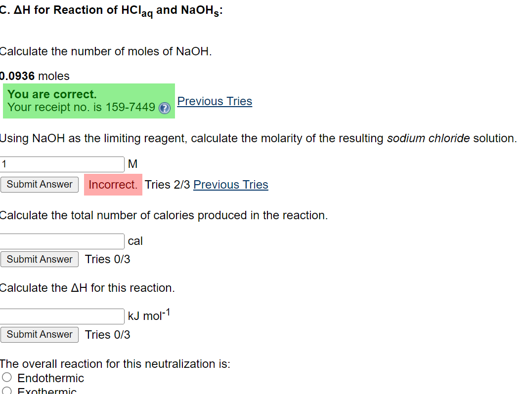 C. \Delta H for Reaction of HCl(aq) ﻿and | Chegg.com