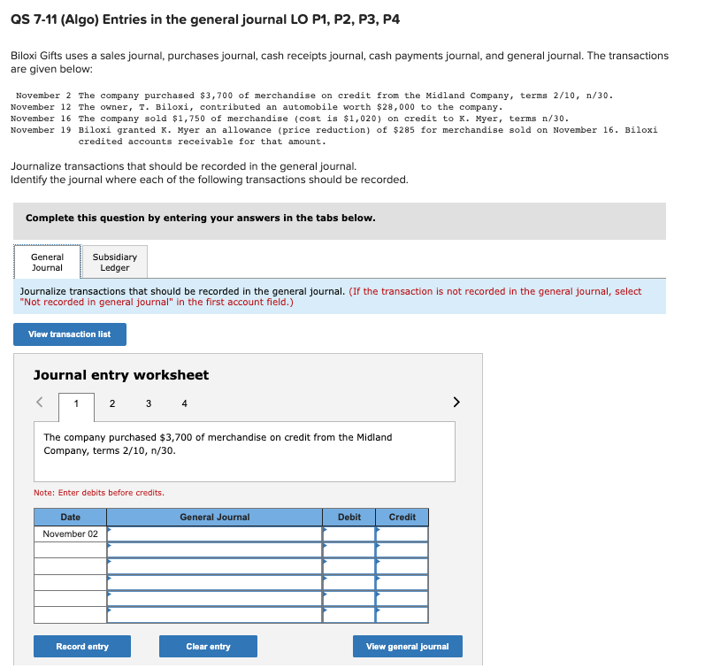 Solved QS 7-11 (Algo) Entries in the general journal LO P1 