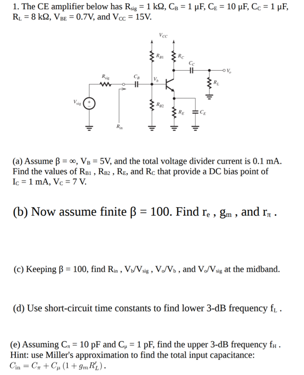 Solved The Ce Amplifier Below Has Rsig 1 Kw Cb 1 µf Chegg Com