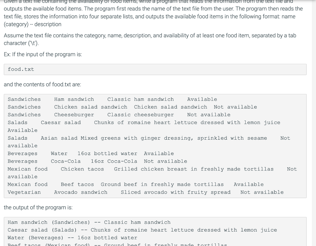 Solved outputs the available food items. The program first | Chegg.com