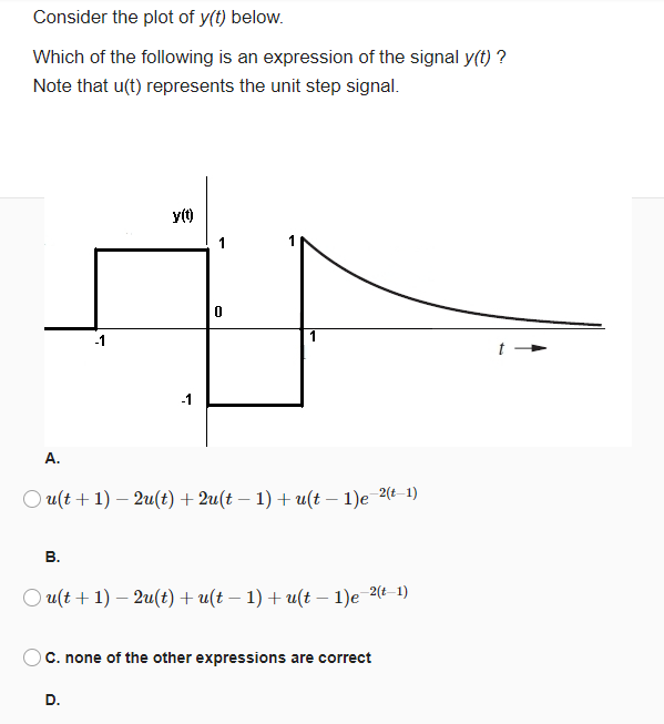 Solved D. Ou(t+1) – 2u(t) – uſt - 1) + uſt - 1)e 2(t-1) E. | Chegg.com