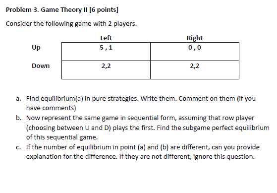 Solved Problem 3. Game Theory II [6 points) Consider the | Chegg.com