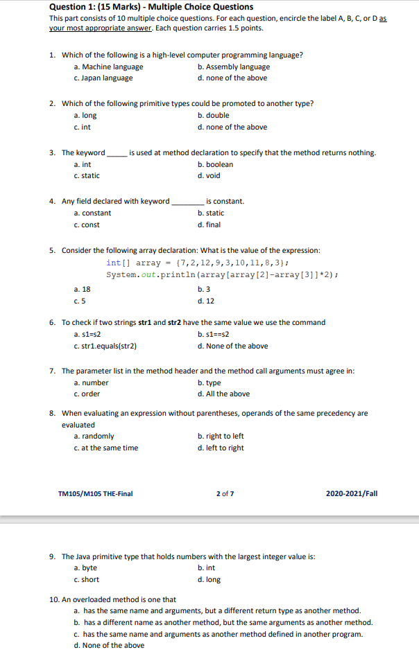 Solved Question 1: (15 Marks) - Multiple Choice Questions | Chegg.com