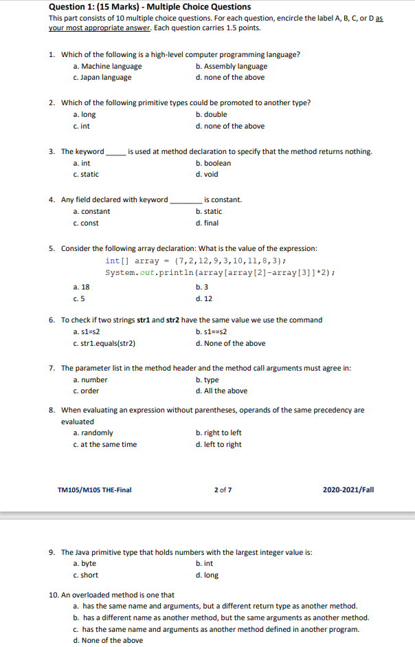 Solved Question 1: (15 Marks) - Multiple Choice Questions 