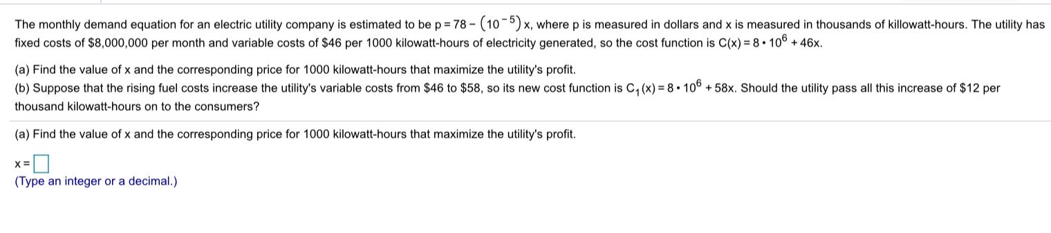 Solved The monthly demand equation for an electric utility | Chegg.com