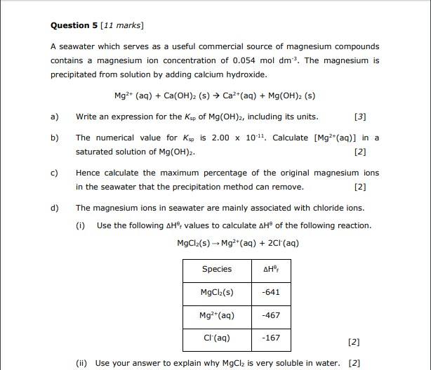 Question 5 [11 Marks] A Seawater Which Serves As A 