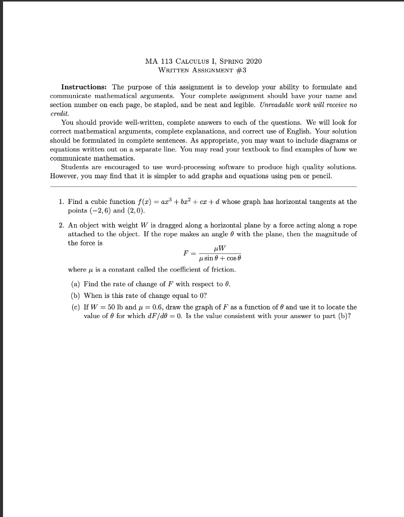 Solved MA 113 CALCULUS I, FALL 2020 WRITTEN ASSIGNMINT #9