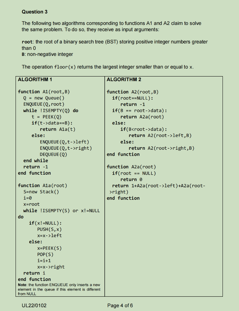 Solved Question 3 The following two algorithms corresponding | Chegg.com
