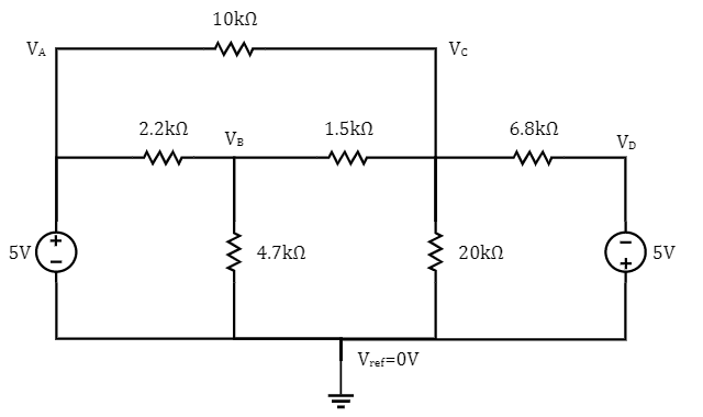 Solved 10kΩ VA Vc 2.2kΩ 1.5kΩ 6.8kΩ VE VD 5V 4.7kΩ } 20kΩ 5V | Chegg.com