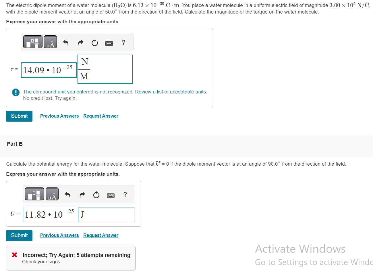 Solved The electric dipole moment of a water molecule (H2O) | Chegg.com