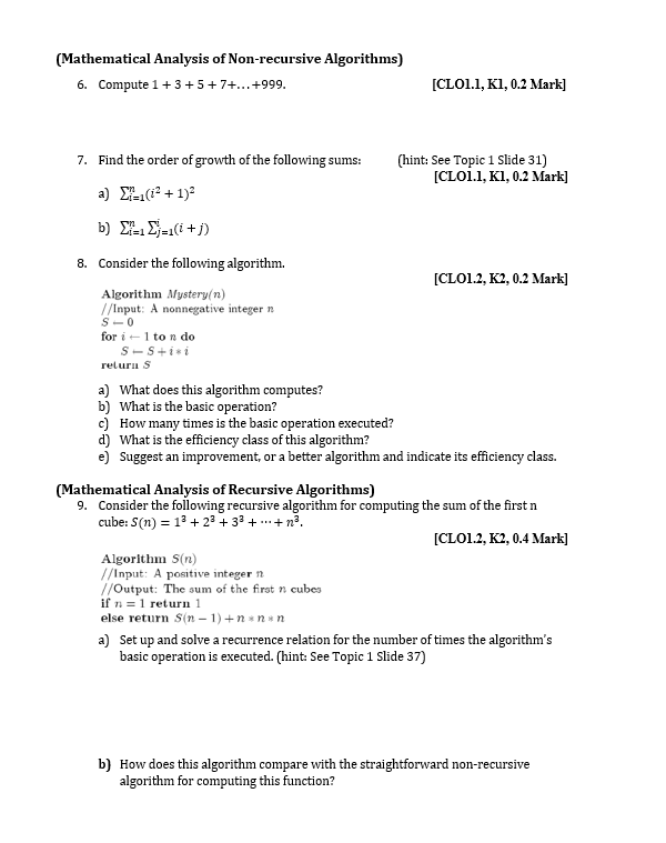 Solved (Algorithm Analysis) 1. For each of the following