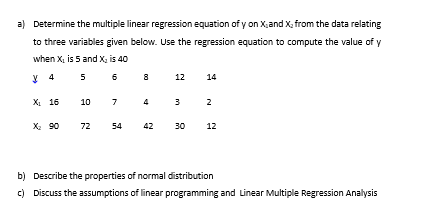 Solved a) Determine the multiple linear regression equation | Chegg.com