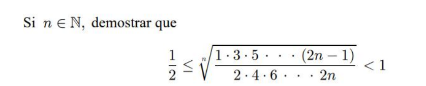 Si \( n \in \mathbb{N} \), demostrar que \[ \frac{1}{2} \leq \sqrt[n]{\frac{1 \cdot 3 \cdot 5 \cdot \cdot \cdot(2 n-1)}{2 \cd