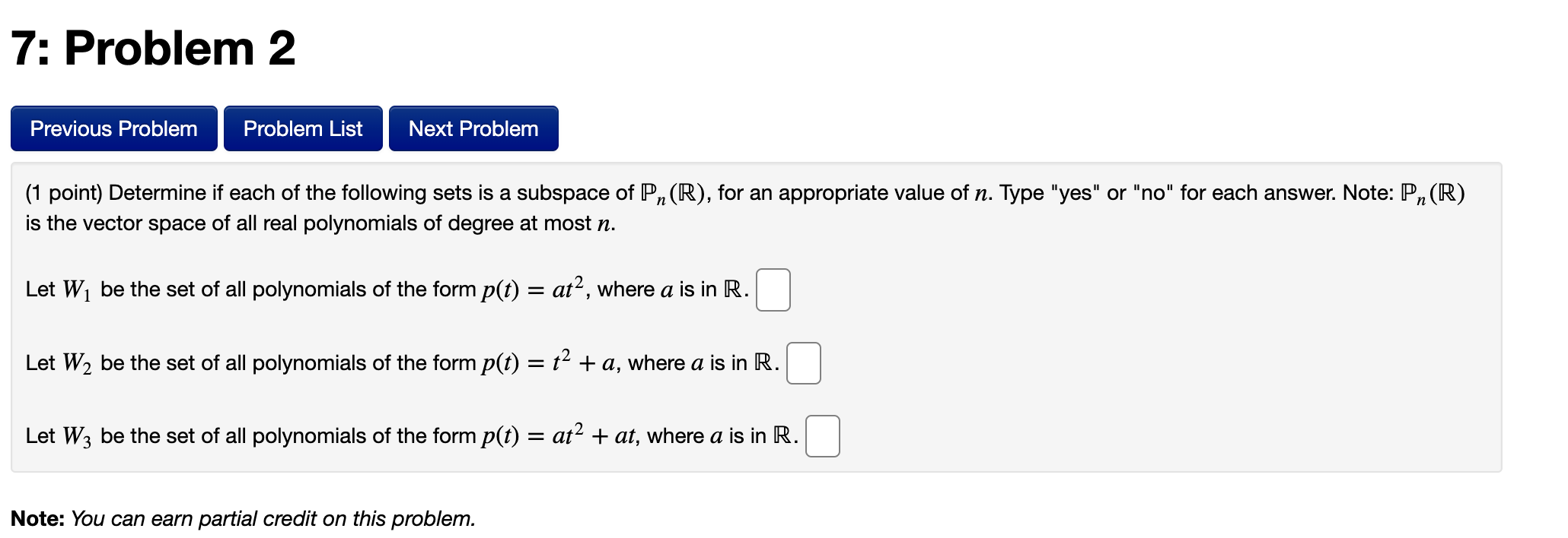 Solved (1 point) Determine if each of the following sets is | Chegg.com