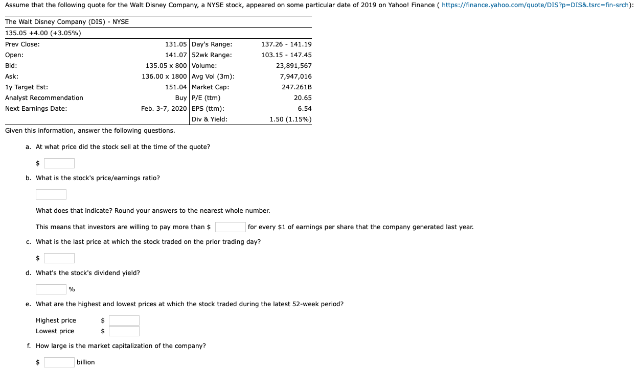 Solved Assume that the following quote for the Walt Disney | Chegg.com