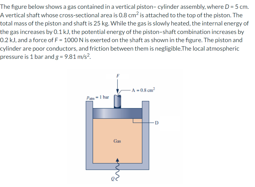 The figure below shows a gas contained in a vertical piston- cylinder assembly, where D = 5 cm.
A vertical shaft whose cross-