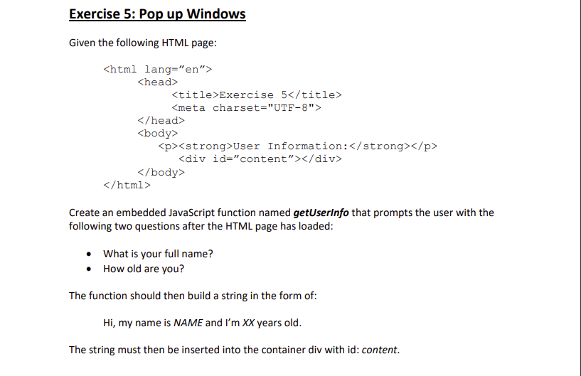 Solved Exercise 5: Pop up Windows Given the following HTML | Chegg.com