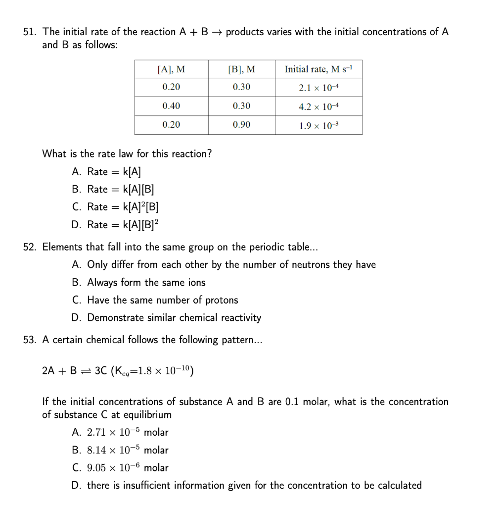 Solved 51. The Initial Rate Of The Reaction A + B + Products | Chegg.com