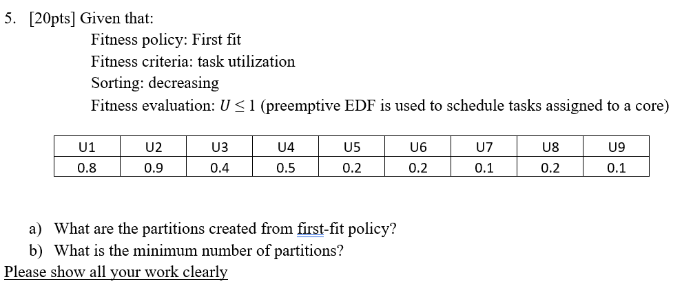 Solved [20pts] Given that: Fitness policy: First fit Fitness | Chegg.com