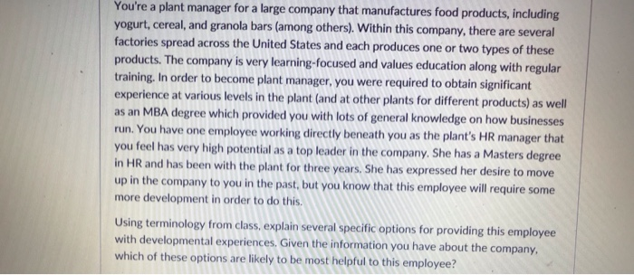 Solved You're a plant manager for a large company that | Chegg.com