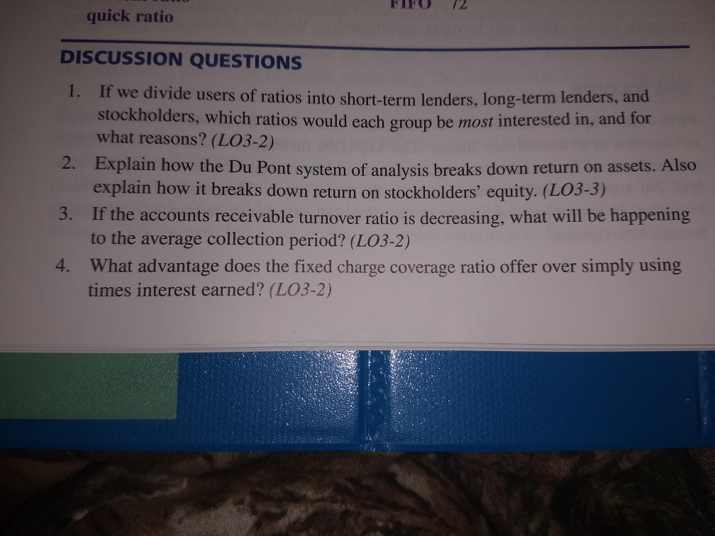 Solved quick ratio DISCUSSION QUESTIONS 1. If we divide | Chegg.com