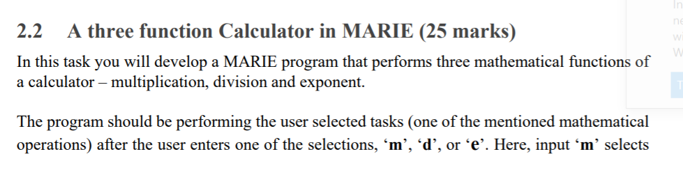 2.2 A three function Calculator in MARIE (25 marks) | Chegg.com