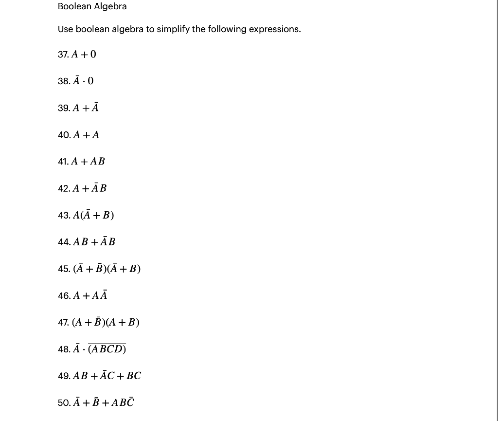 Solved Boolean Algebra Use boolean algebra to simplify the | Chegg.com