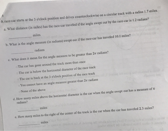 Solved A race car starts at the 3 o clock position and Chegg