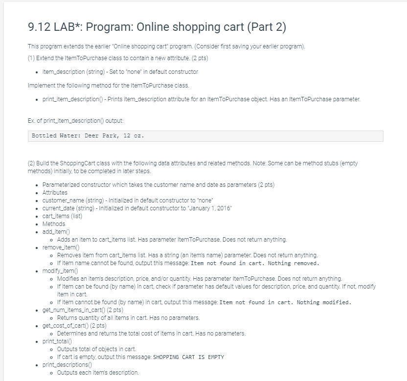 Solved 9.12 LAB*: Program: Online shopping cart (Part 2) | Chegg.com