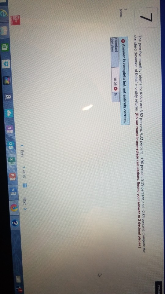 Solved Return The past five monthly returns for Kohl's are