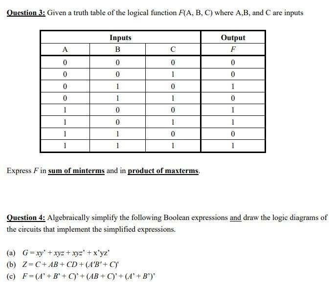 Solved Question 3: Given a truth table of the logical | Chegg.com