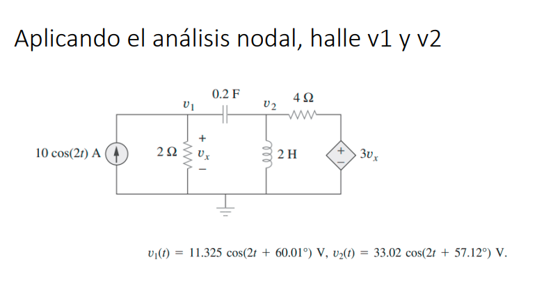 Aplicando el análisis nodal, halle v1 y v2 \( v_{1}(t)=11.325 \cos \left(2 t+60.01^{\circ}\right) \mathrm{V}, v_{2}(t)=33.02