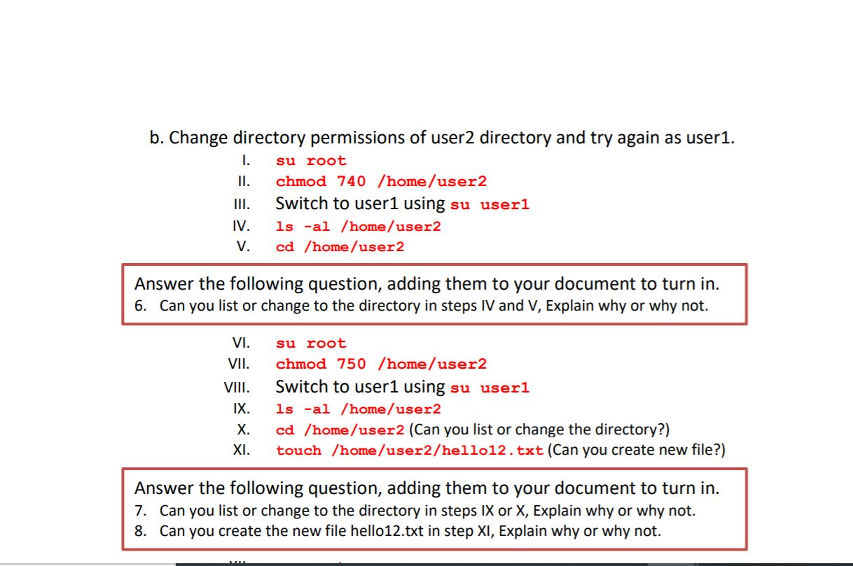 Solved B Change Directory Permissions Of User2 Directory Chegg Com