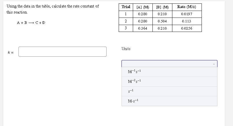 Solved Trial Using the data in the table, calculate the rate | Chegg.com