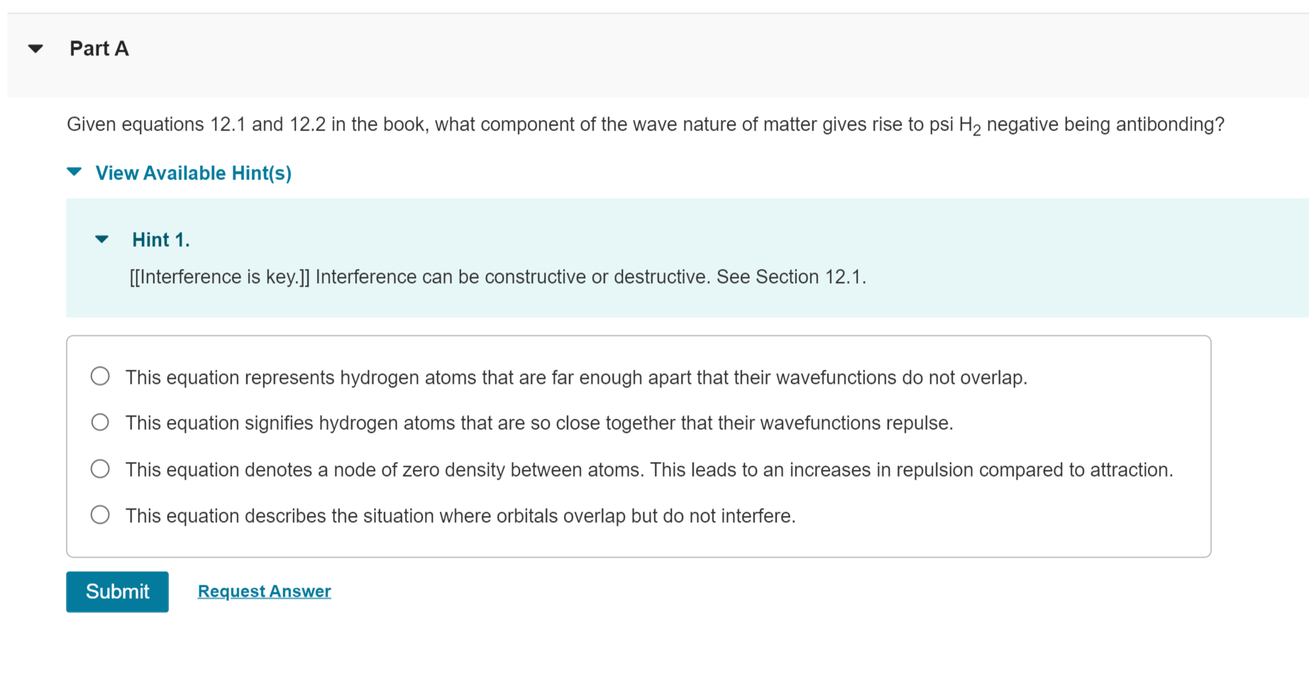 Given equations \( 12.1 \) and \( 12.2 \) in the book, what component of the wave nature of matter gives rise to \( \mathrm{p