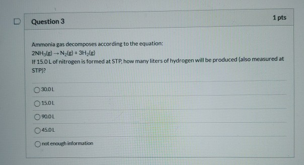 Solved 1 pts Question 3 Ammonia gas decomposes according to | Chegg.com