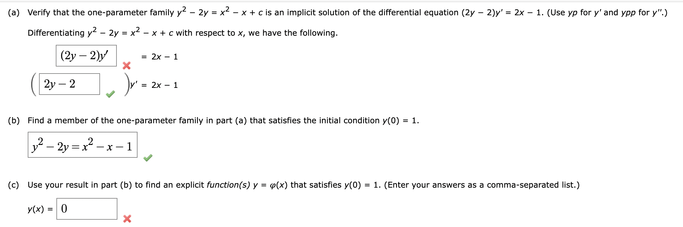 Solved (a) Verify that the one-parameter family y2−2y=x2−x+c | Chegg.com