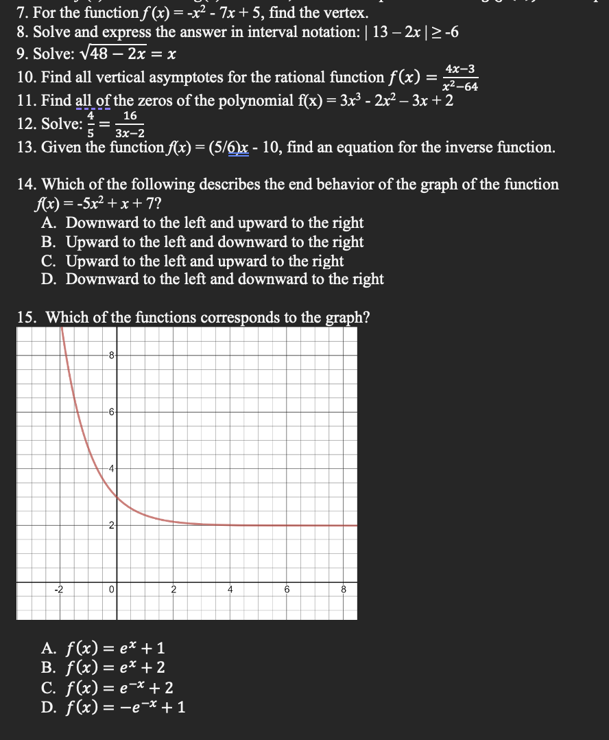 Solved 7 For The Function F X −x2−7x 5 Find The Vertex