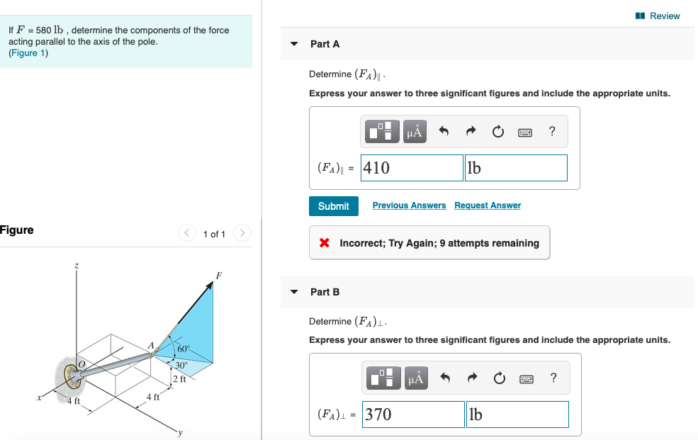 Solved Review If F = 580 lb , determine the components of | Chegg.com