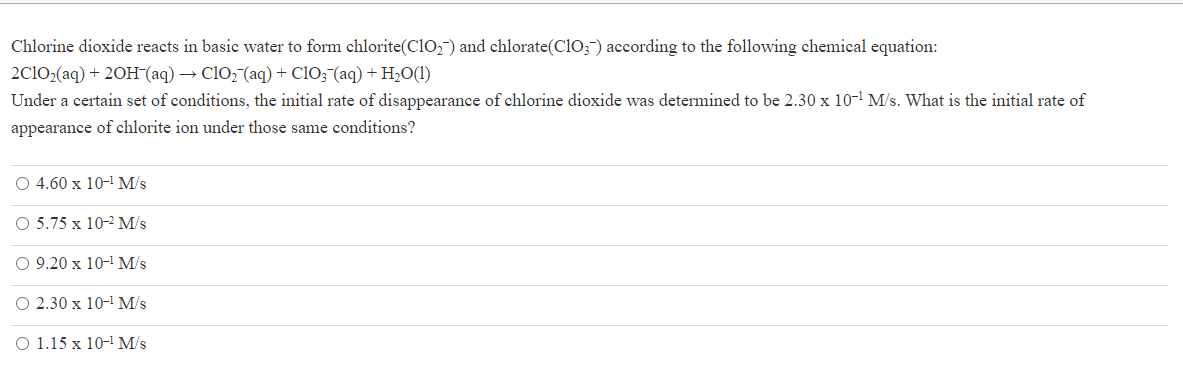 Solved Chlorine dioxide reacts in basic water to form | Chegg.com