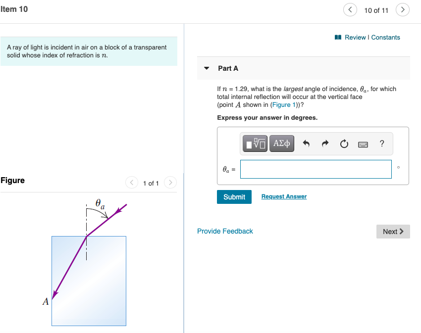 Solved A ray of light is incident in air on a block of a | Chegg.com