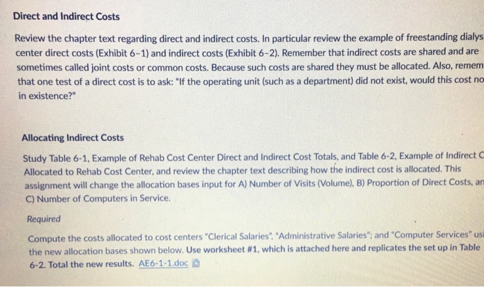 Solved Direct and Indirect Costs Review the chapter text | Chegg.com