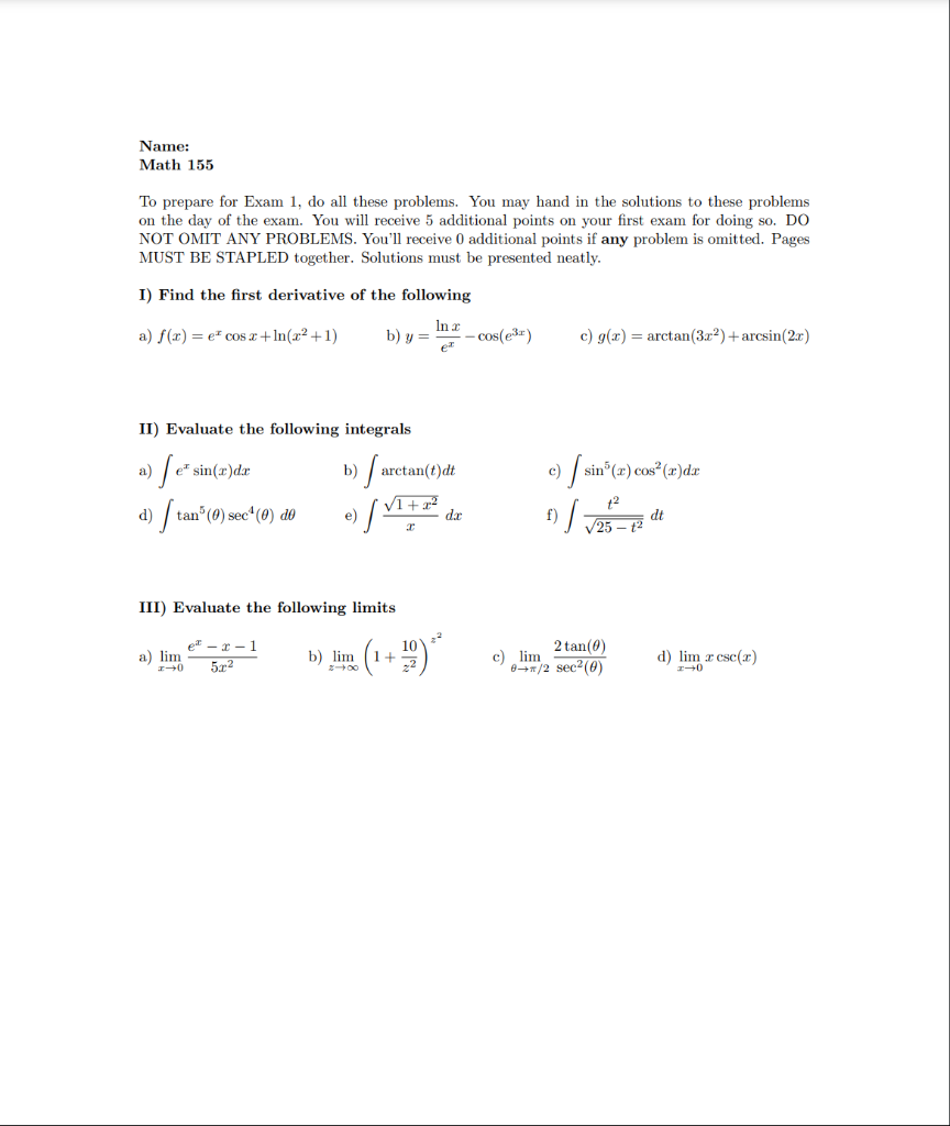 Solved Name: Math 155 To prepare for Exam 1, do all these | Chegg.com