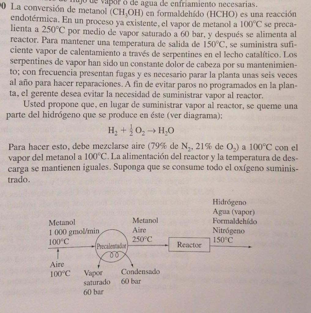 vapor o de agua de enfriamiento necesarias. 0 La conversión de metanol (CH₂OH) en formaldehído (HCHO) es una reacción endotér