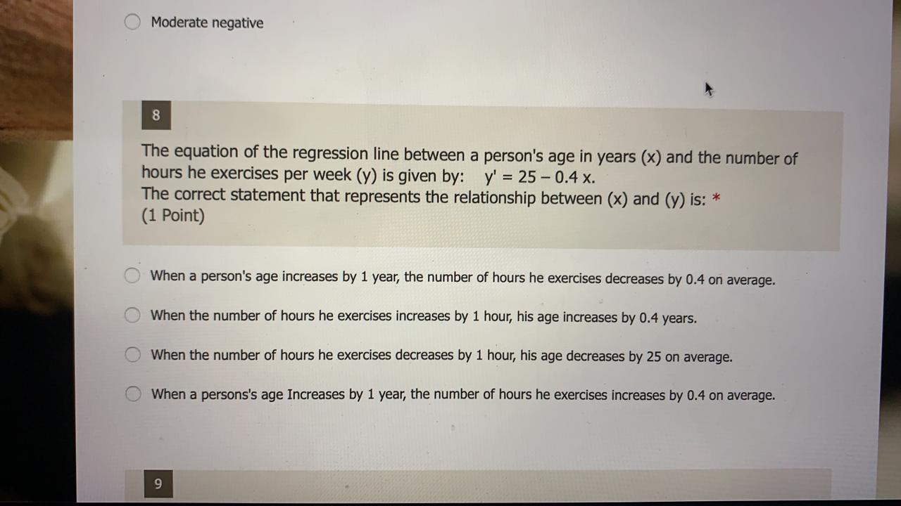 Solved O Moderate negative 8 The equation of the regression | Chegg.com
