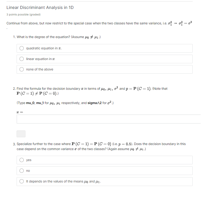 Solved Linear Discriminant Analysis in 1D 3 points possible | Chegg.com