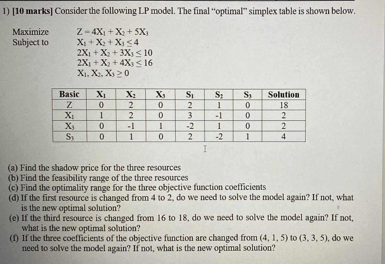 Solved 1) [10 marks] Consider the following LP model. The | Chegg.com