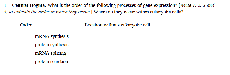 Solved 1. Central Dogma. What is the order of the following | Chegg.com