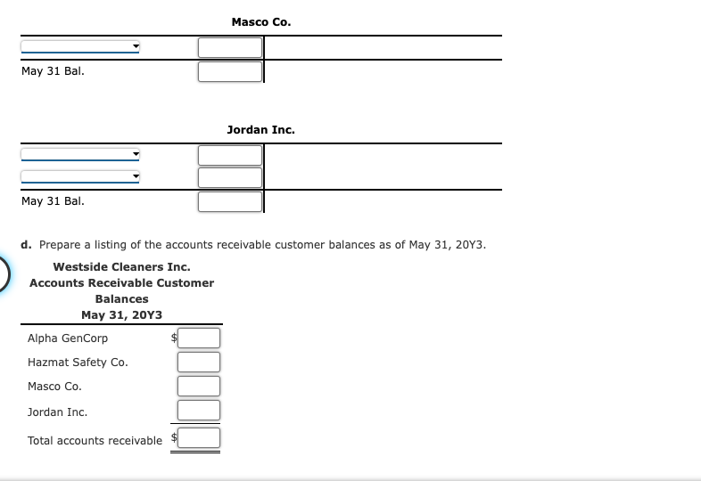 d. Prepare a listing of the accounts receivable customer balances as of May \( 31,20 Y 3 \).