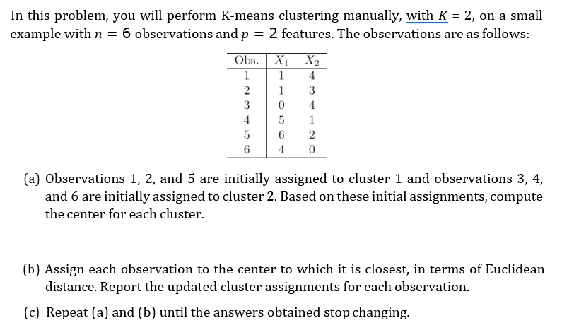Solved In this problem, you will perform K-means clustering | Chegg.com